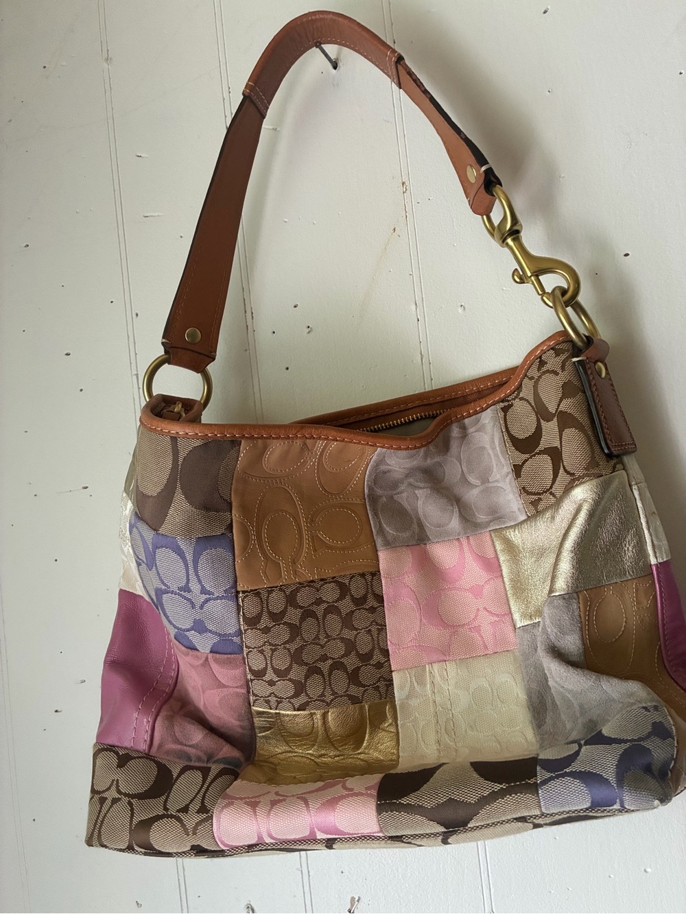 Vintage Voach patchwork design signature hobo bag y2k multicolor canvas leather - Picture 6 of 9